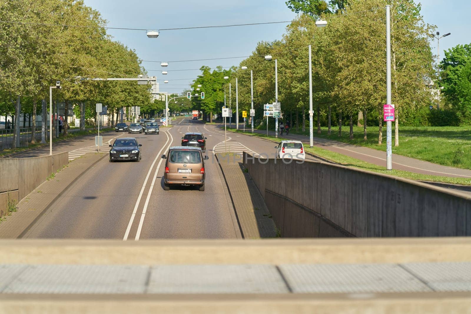 Cars entering and exiting a tunnel in the city center of Magdeburg in Germany