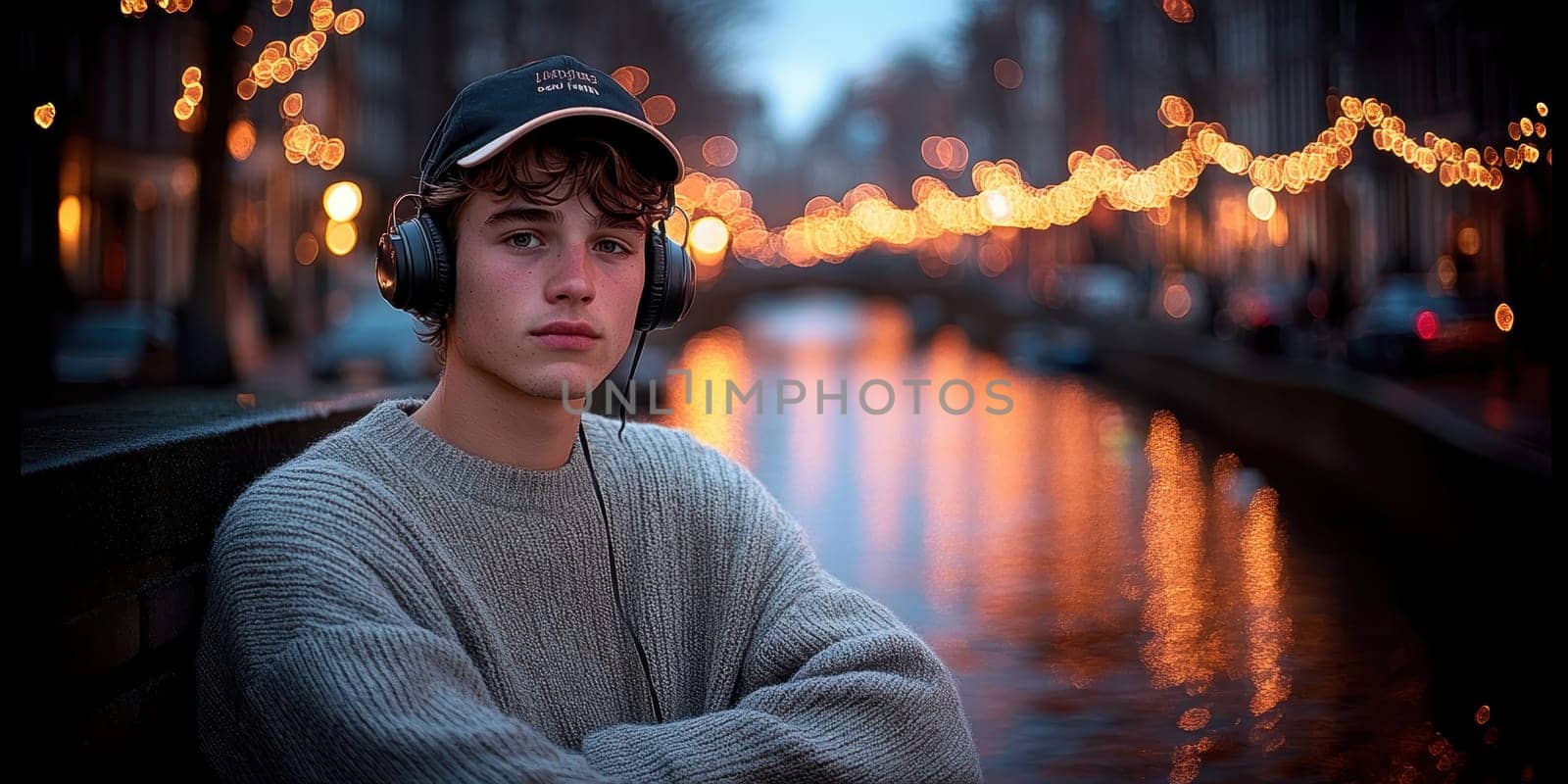 A young man leaning against a wall near the canals, wearing an oversized sweater and a baseball cap, listening to music through his vintage headphones. AI generative.