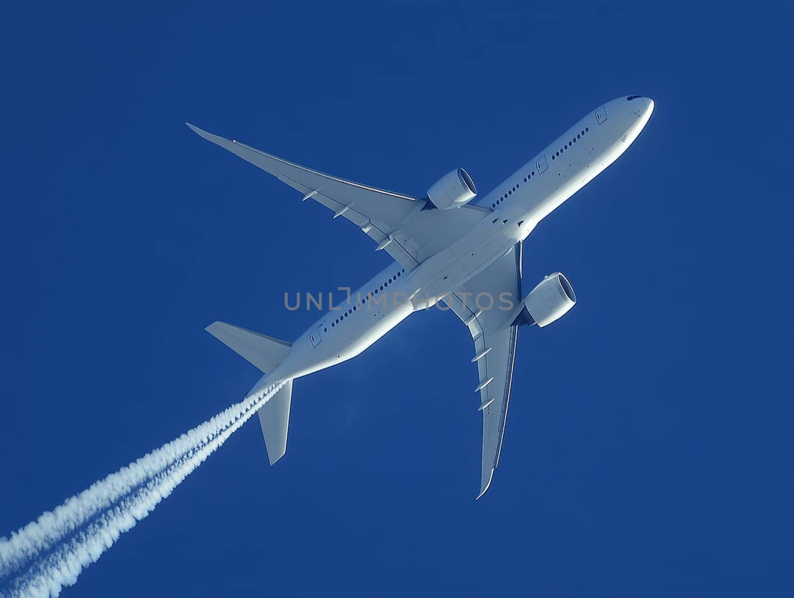 Condensation trails of a flying jet. AI generative.