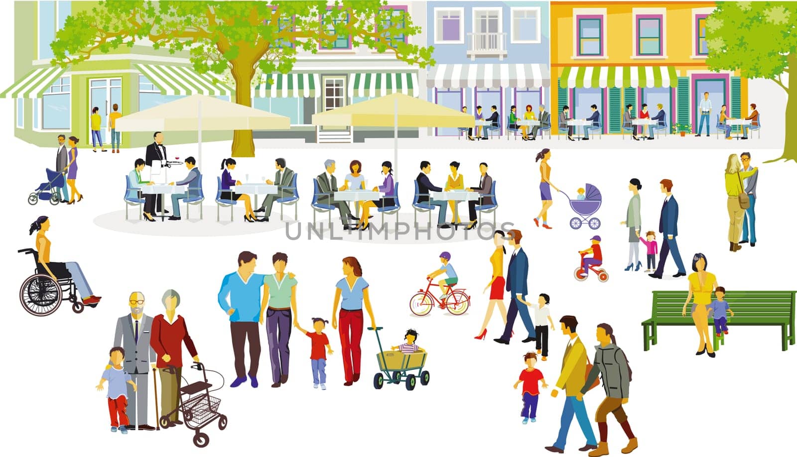 Groups of people in their free time in a residential area with restaurants, illustration