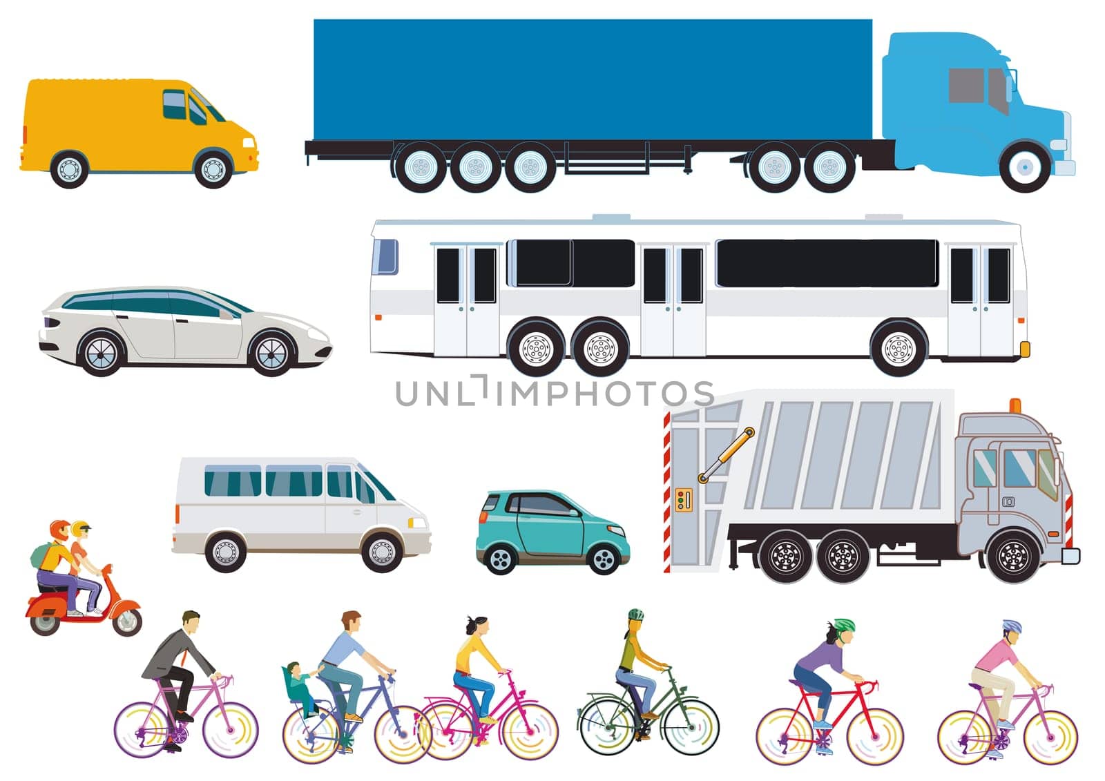Bus truck van and cyclist cutout, illustration