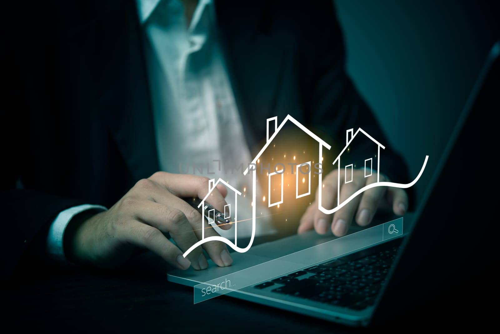 Business professional using a laptop to search for real estate properties online, highlighting digital transformation in the housing market. Real estate, online property search, finance industries.