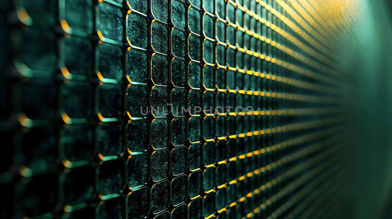 A captivating abstract background featuring a grid pattern in green and black tones. The intricate design is rendered in hyper-detail with high resolution, offering a sharp and immersive visual experience. High contrast and 3D rendering techniques create depth, enhancing the geometric structure of the grid and making it a bold and dynamic composition.