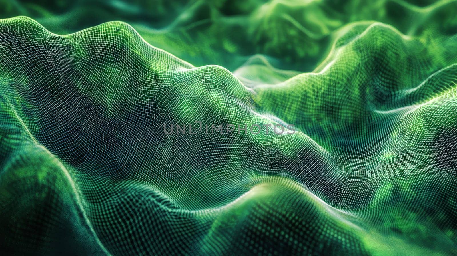 A captivating abstract background featuring a grid pattern in green and black tones. The intricate design is rendered in hyper-detail with high resolution, offering a sharp and immersive visual experience. High contrast and 3D rendering techniques create depth, enhancing the geometric structure of the grid and making it a bold and dynamic composition.