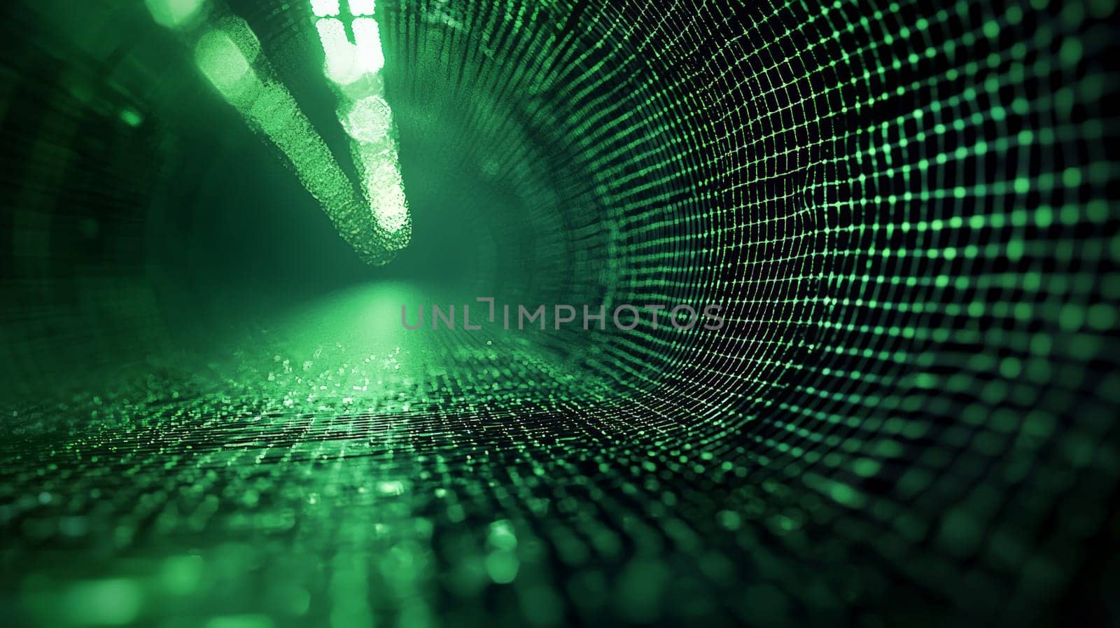 A captivating abstract background featuring a grid pattern in green and black tones. The intricate design is rendered in hyper-detail with high resolution, offering a sharp and immersive visual experience. High contrast and 3D rendering techniques create depth, enhancing the geometric structure of the grid and making it a bold and dynamic composition.