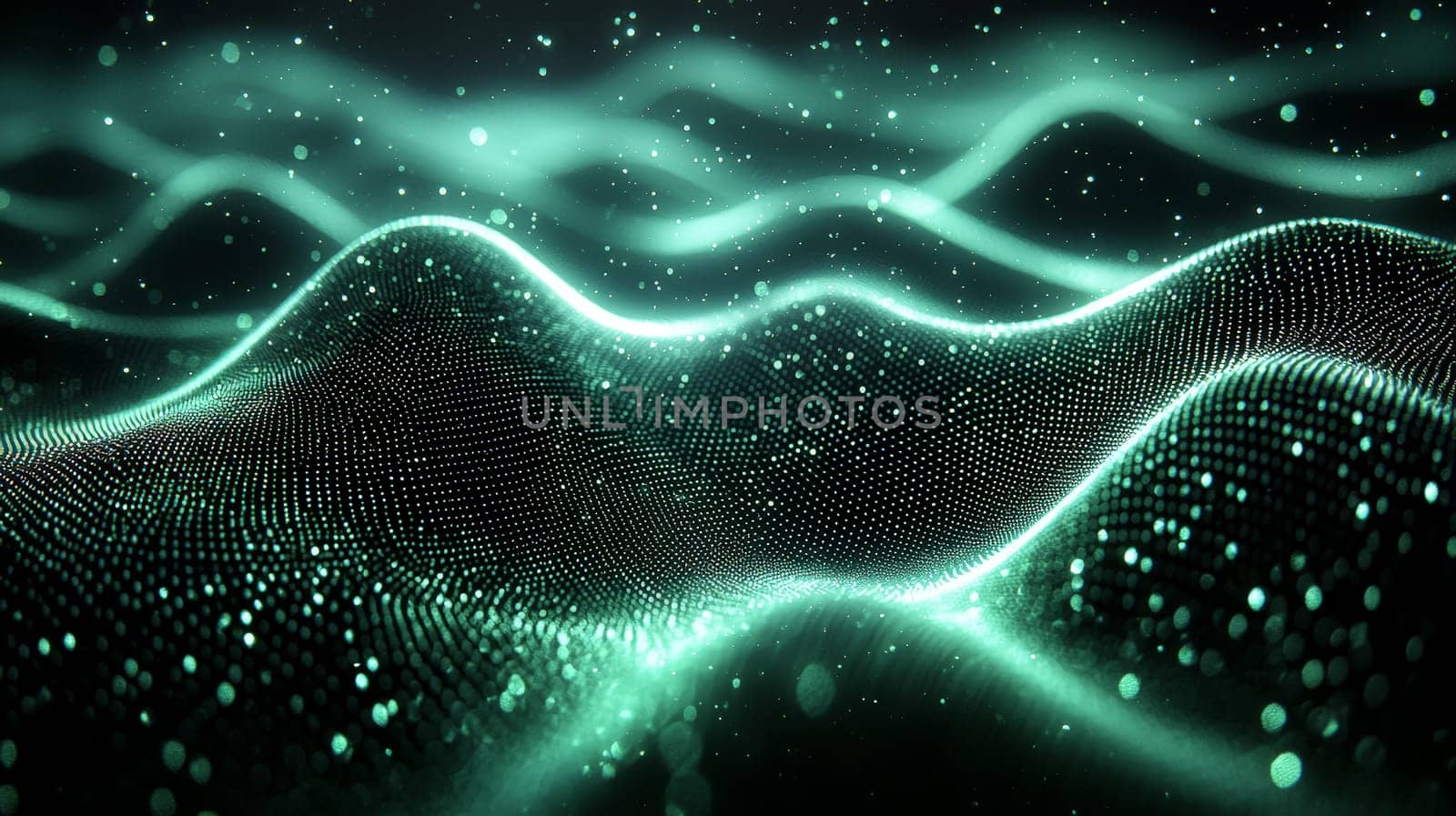 A captivating abstract background featuring a grid pattern in green and black tones. The intricate design is rendered in hyper-detail with high resolution, offering a sharp and immersive visual experience. High contrast and 3D rendering techniques create depth, enhancing the geometric structure of the grid and making it a bold and dynamic composition.