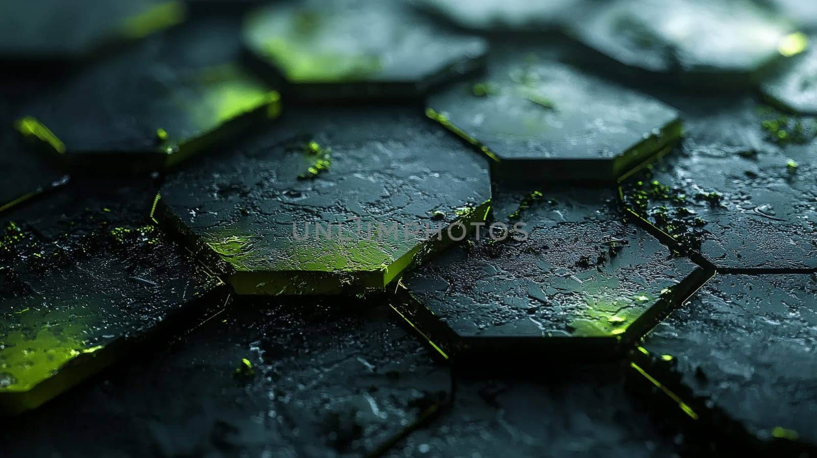 A striking abstract background featuring a hyper-detailed hexagonal grid in vibrant green and black. Rendered in high resolution with high contrast, this 3D image showcases the intricate geometry of the grid, creating a bold and dynamic visual experience. The sharp details and modern design highlight the futuristic nature of the composition.
