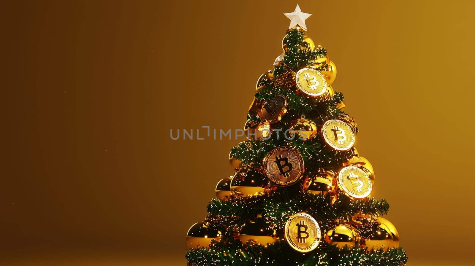 A highly detailed, high-contrast photo of a Christmas tree adorned with golden bitcoin ornaments, set against a bright studio background. This unique holiday scene merges festive cheer with digital currency themes, presented in vivid quality.