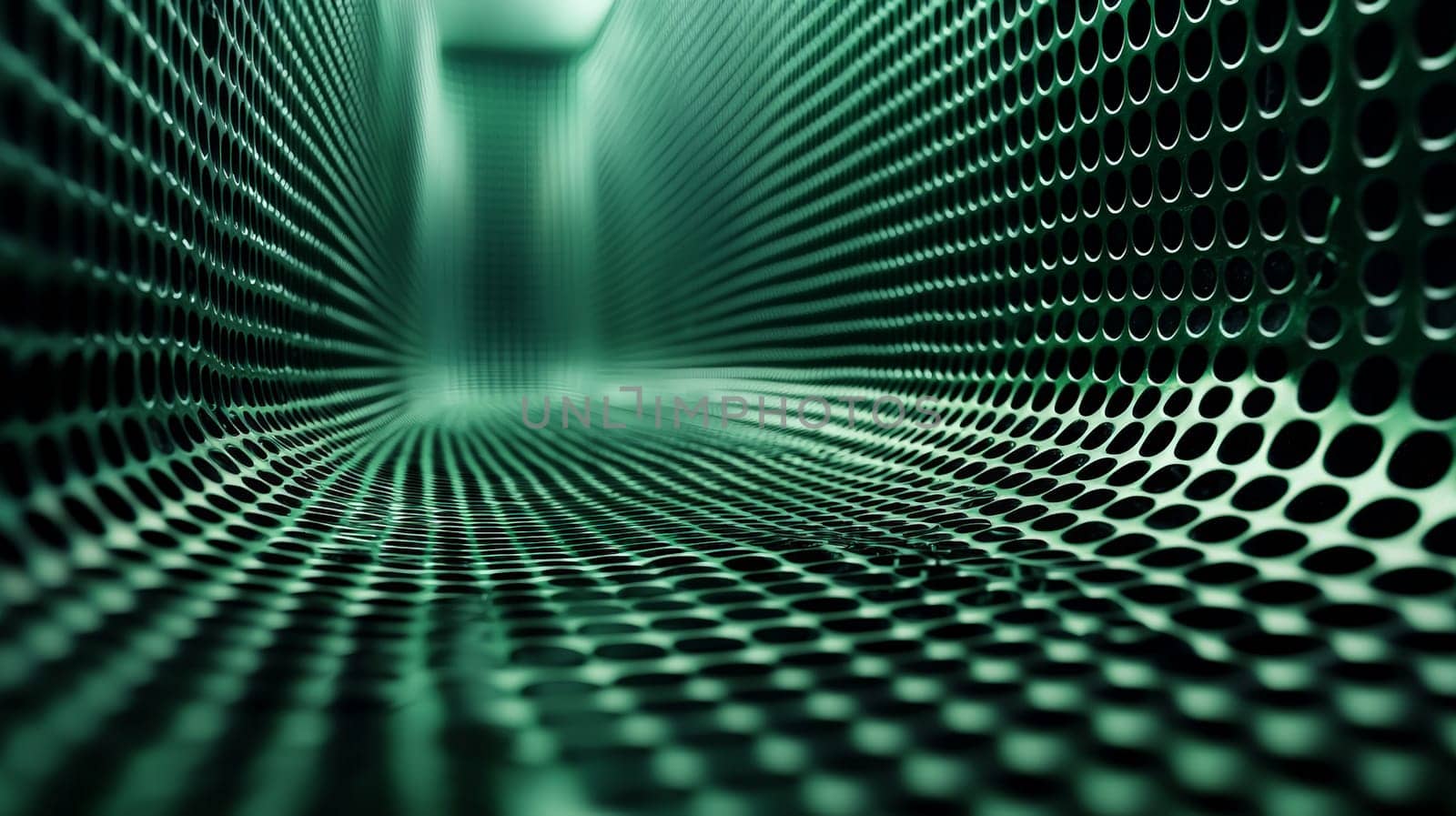 A captivating abstract background featuring a grid pattern in green and black tones. The intricate design is rendered in hyper-detail with high resolution, offering a sharp and immersive visual experience. High contrast and 3D rendering techniques create depth, enhancing the geometric structure of the grid and making it a bold and dynamic composition.