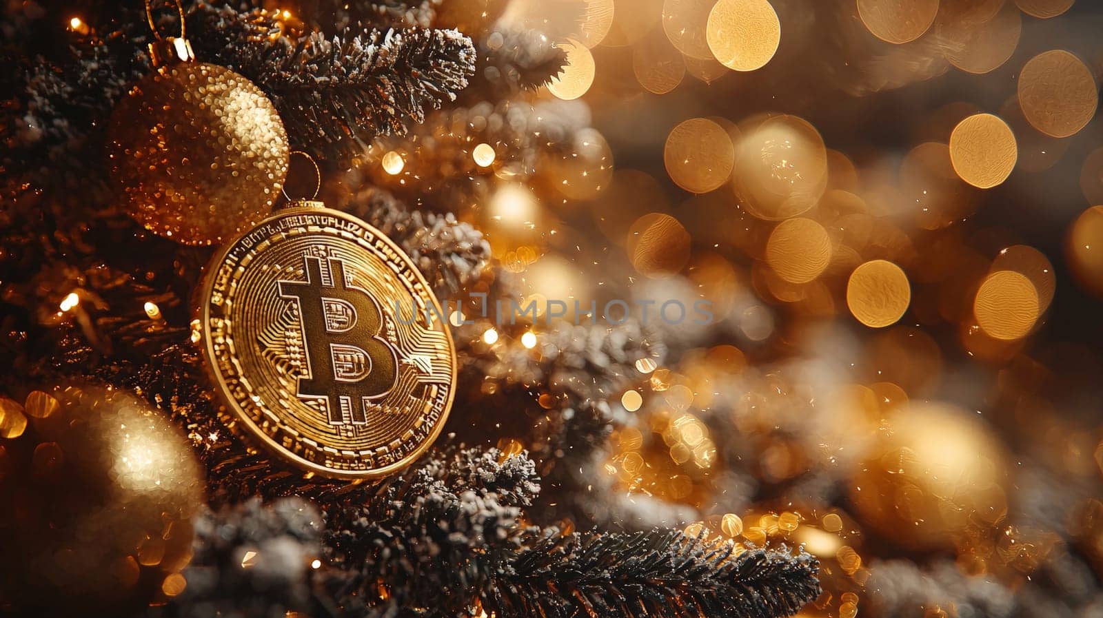 A highly detailed, high-contrast photo of a Christmas tree adorned with golden bitcoin ornaments, set against a bright studio background. This unique holiday scene merges festive cheer with digital currency themes, presented in vivid quality.