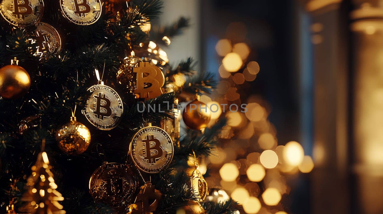 A highly detailed, high-contrast photo of a Christmas tree adorned with golden bitcoin ornaments, set against a bright studio background. This unique holiday scene merges festive cheer with digital currency themes, presented in vivid quality.
