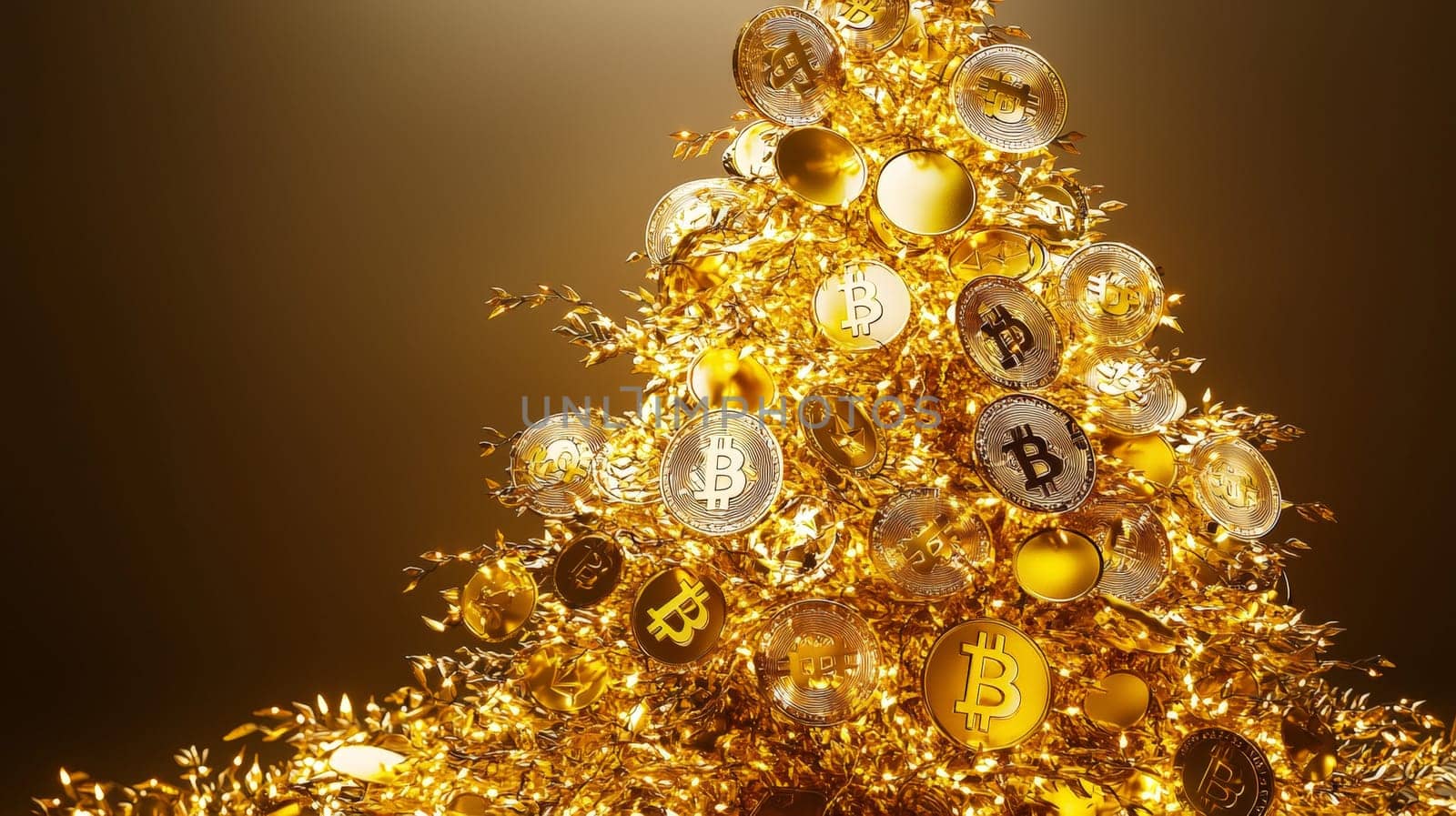 A highly detailed, high-contrast photo of a Christmas tree adorned with golden bitcoin ornaments, set against a bright studio background. This unique holiday scene merges festive cheer with digital currency themes, presented in vivid quality.