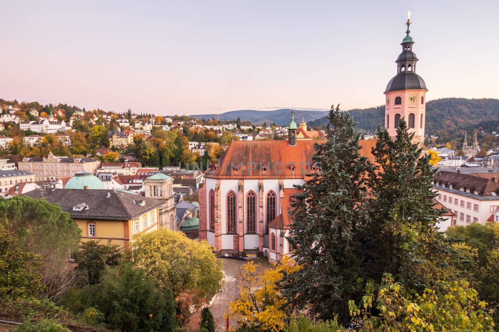 Autumn view over the old spa town of Baden-Baden and Stiftskirche church at the north-western border of the Black Forest, Baden-Württemberg, Germany