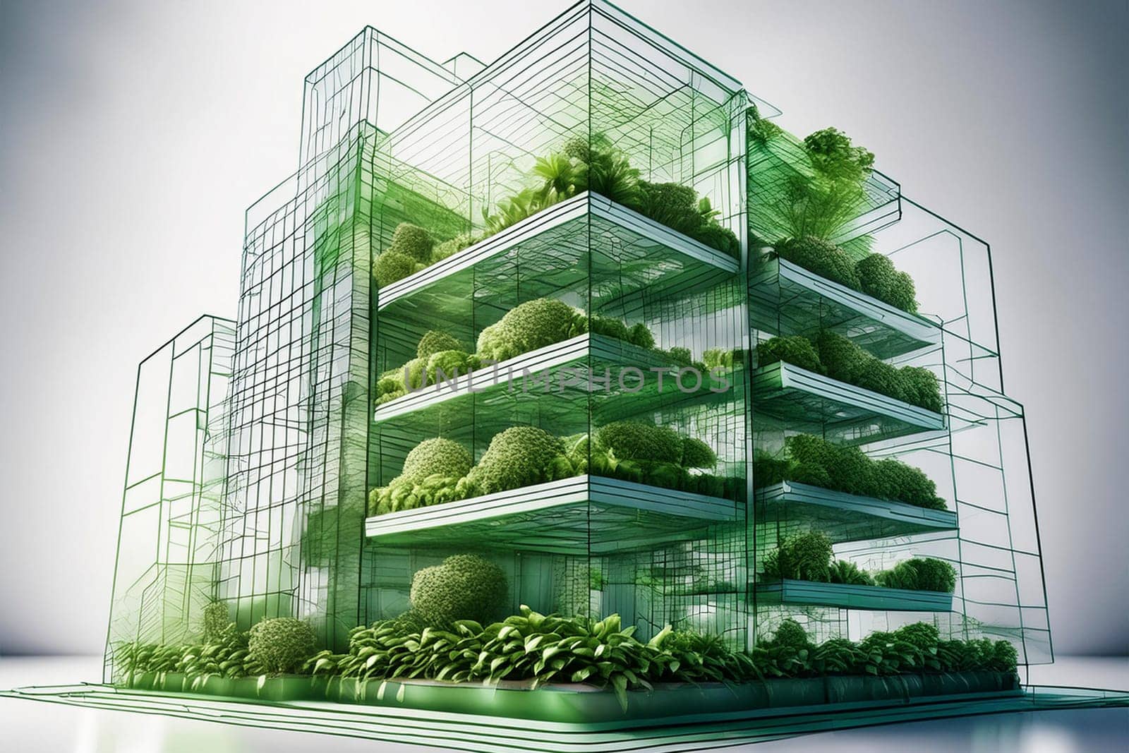 Architectural Concept Sketch of Modern Building with a lot of green plants. Abstract sketch of a modern multi-level structure suggesting pre-construction design phase.