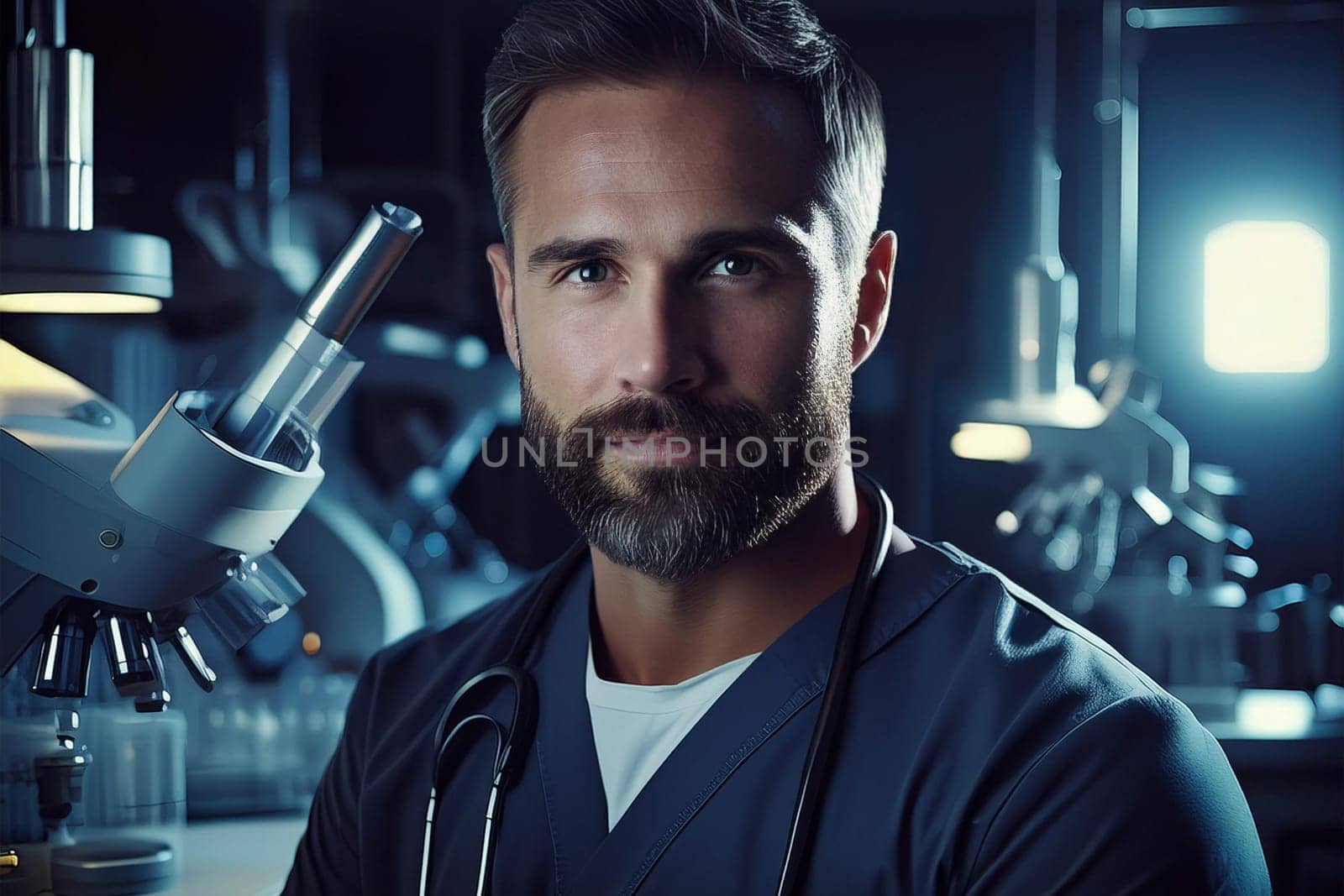 Man doctor in laboratory near microscope.