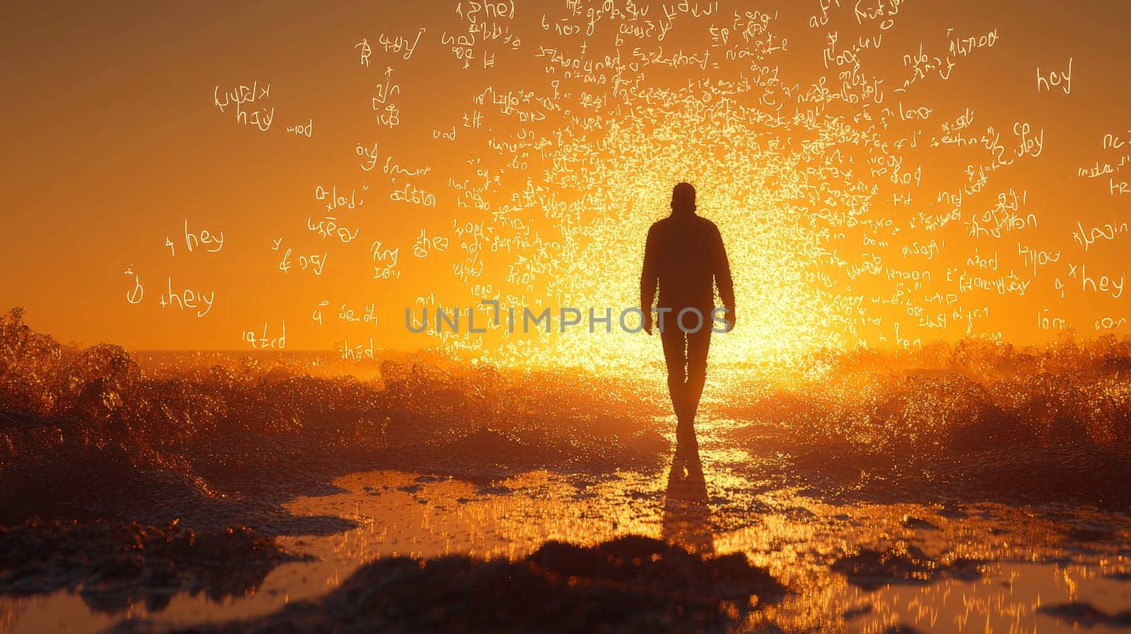 A surreal scene of a person walking through a desert landscape, where the sand is composed of handwritten "hey"" and various letters and numbers, set against a warm yellow gradient sunset. The image conveys a sense of isolation and communication, blending the human experience with a poetic message in the vastness of the desert."
