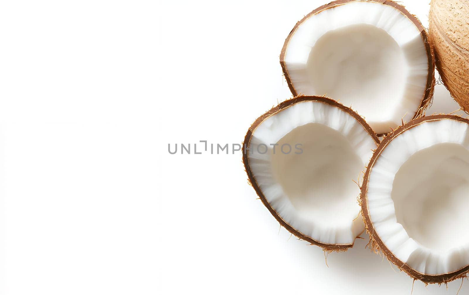 Fresh coconut halves arranged on a white background, emphasizing their natural texture and tropical essence.