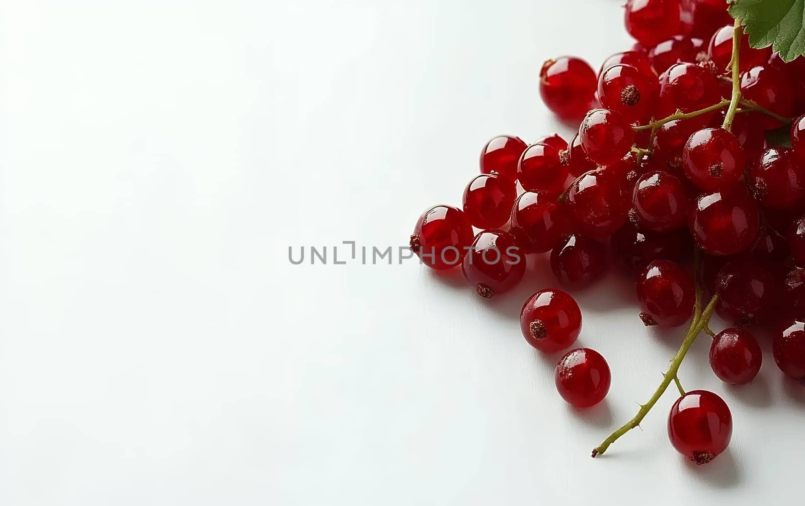 A cluster of red currants on a white background, offering a fresh, tangy addition with ample copy space for text.