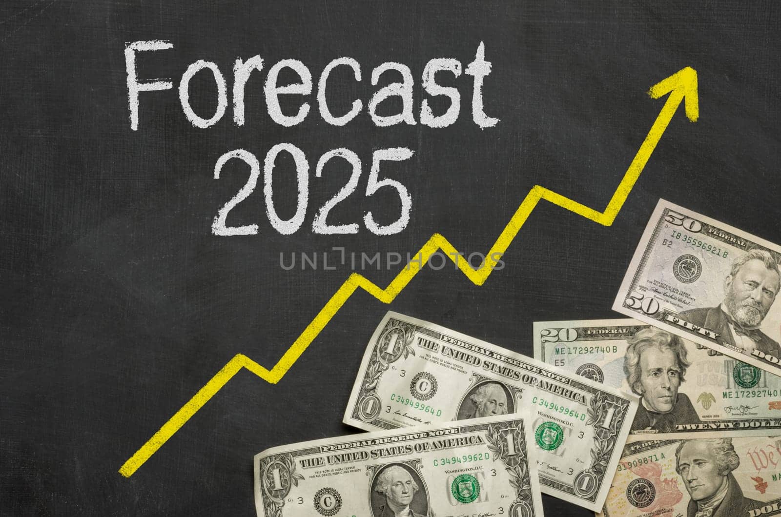 Text on blackboard with money - Forecast 2025