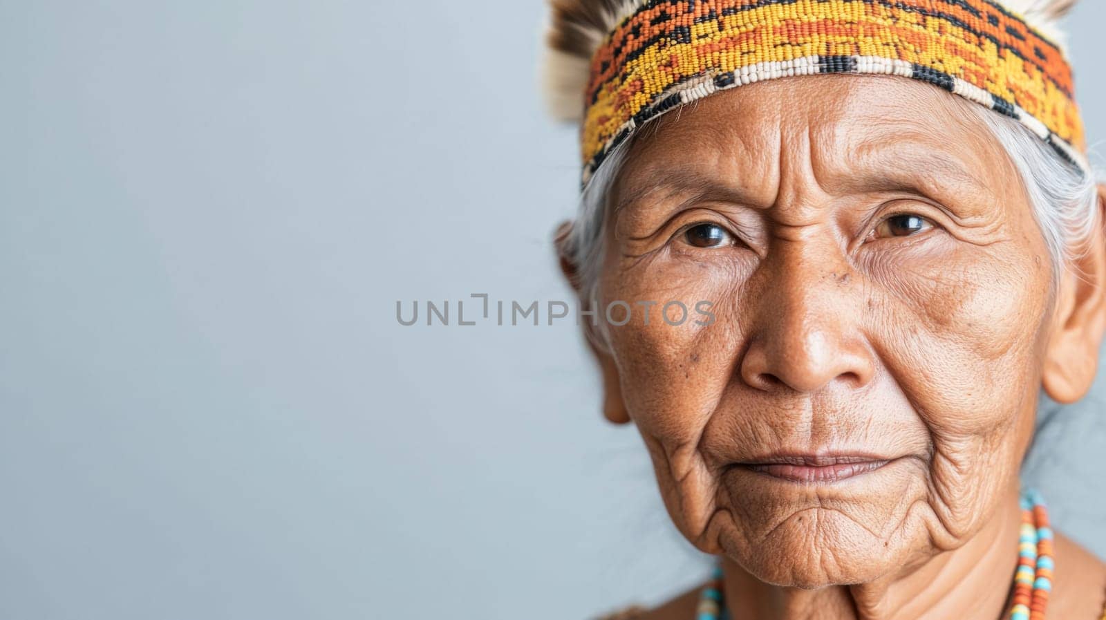Elderly Indigenous woman in traditional clothing and headband against blue background, AI Generated