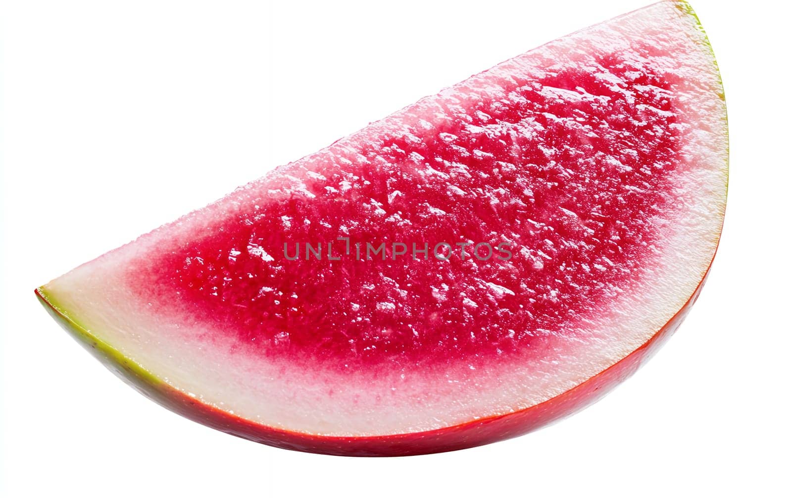 Close up of a juicy watermelon slice on a white background, showcasing its vibrant red flesh and crisp texture.