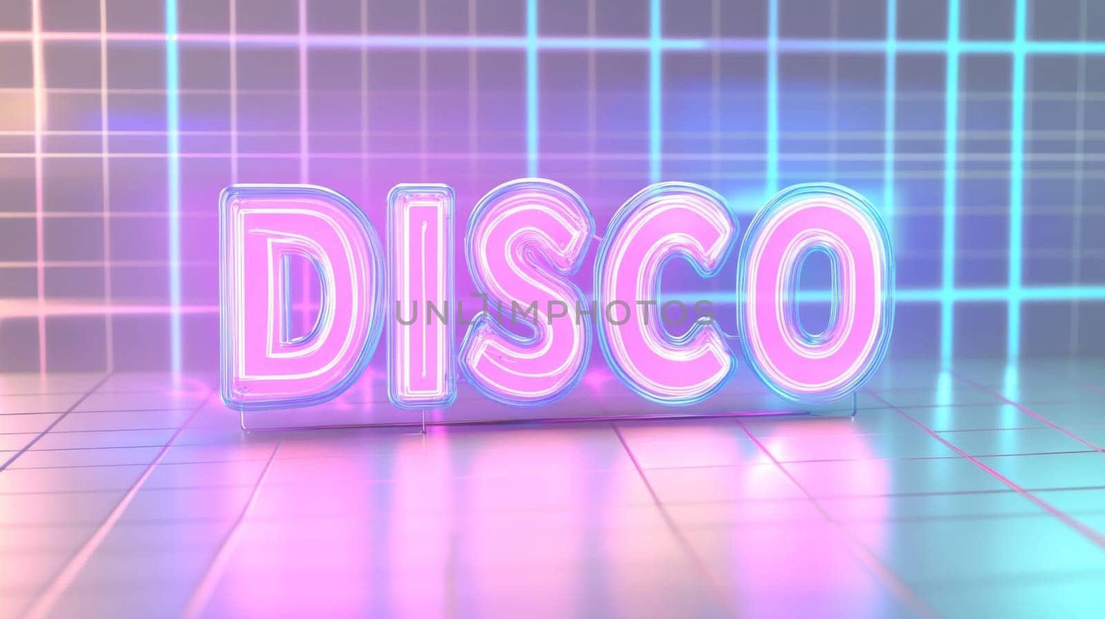 Neon sign with glowing word disco in retro styled room interior, AI Generated