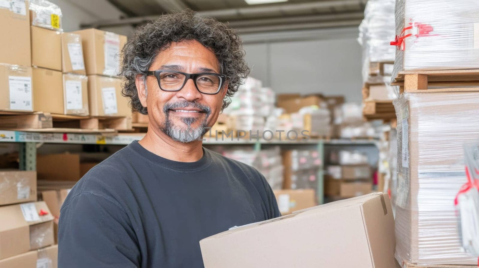 Middle aged Hispanic man in warehouse surrounded by shelves and boxes, logistics concept, AI Generated
