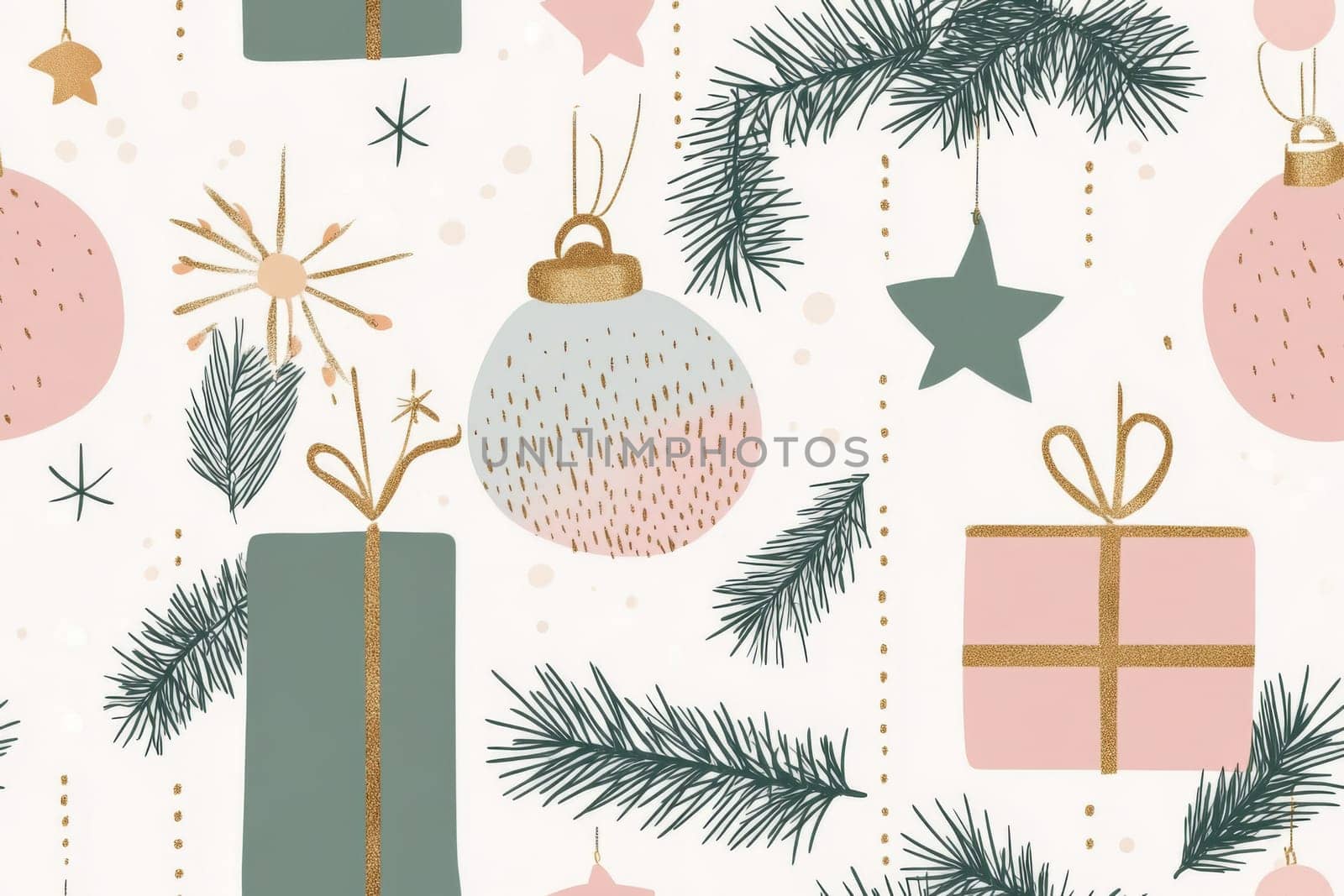 Festive christmas ornaments and gifts with pine branches, seamless pattern, AI Generated