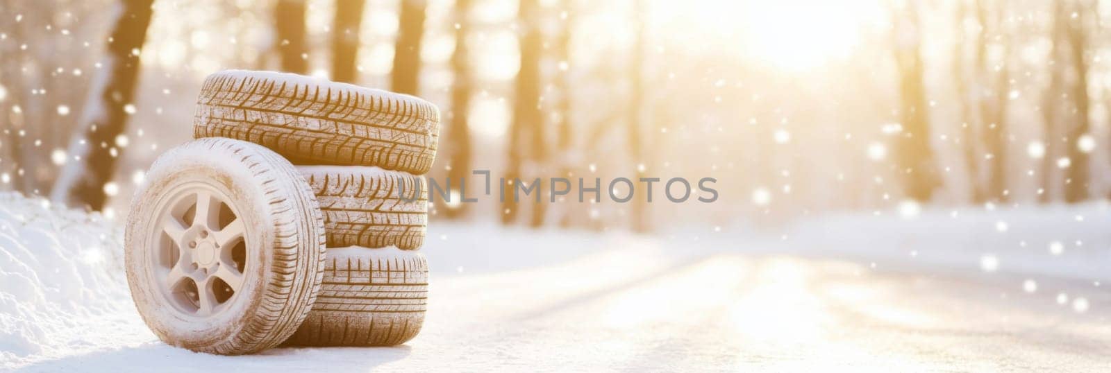 Car tires on snowy forest road with sunlight, winter tires replacing service concept, copy space banner background, AI generated