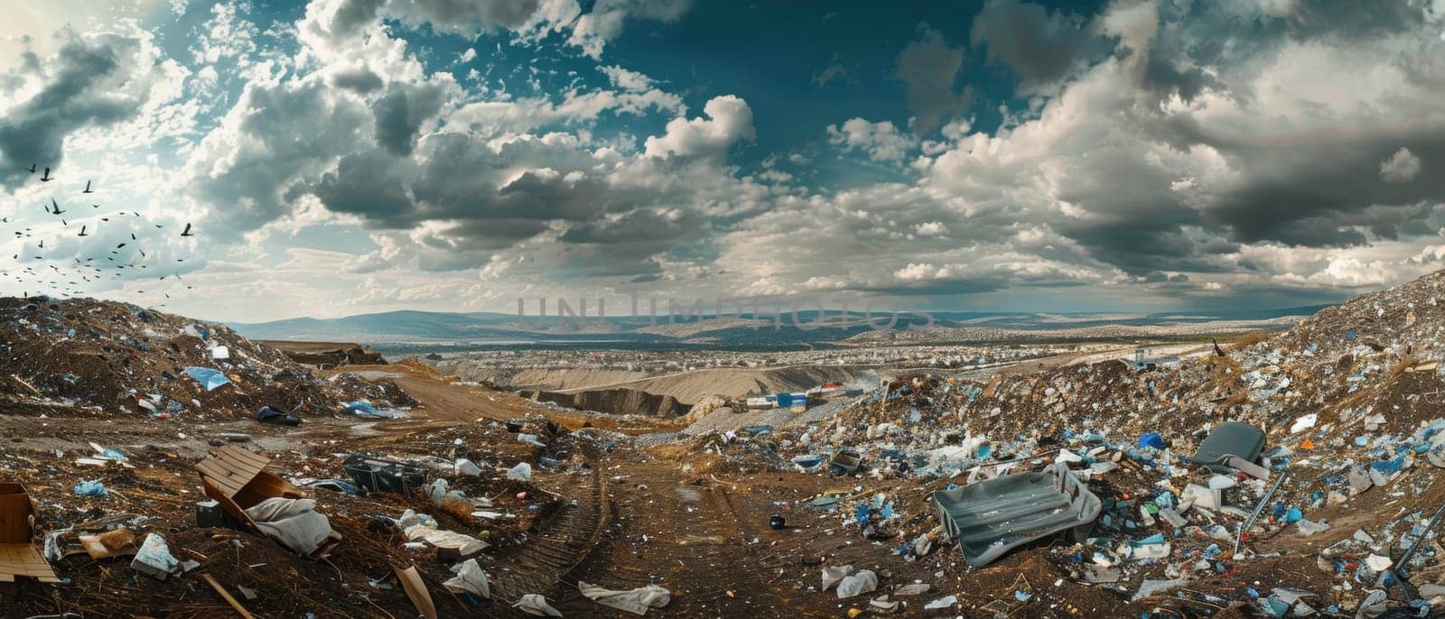 A panoramic view of an immense waste site, with mountains of garbage and debris covering the landscape, surrounded by a cloudy, ominous sky and flocks of birds circling above