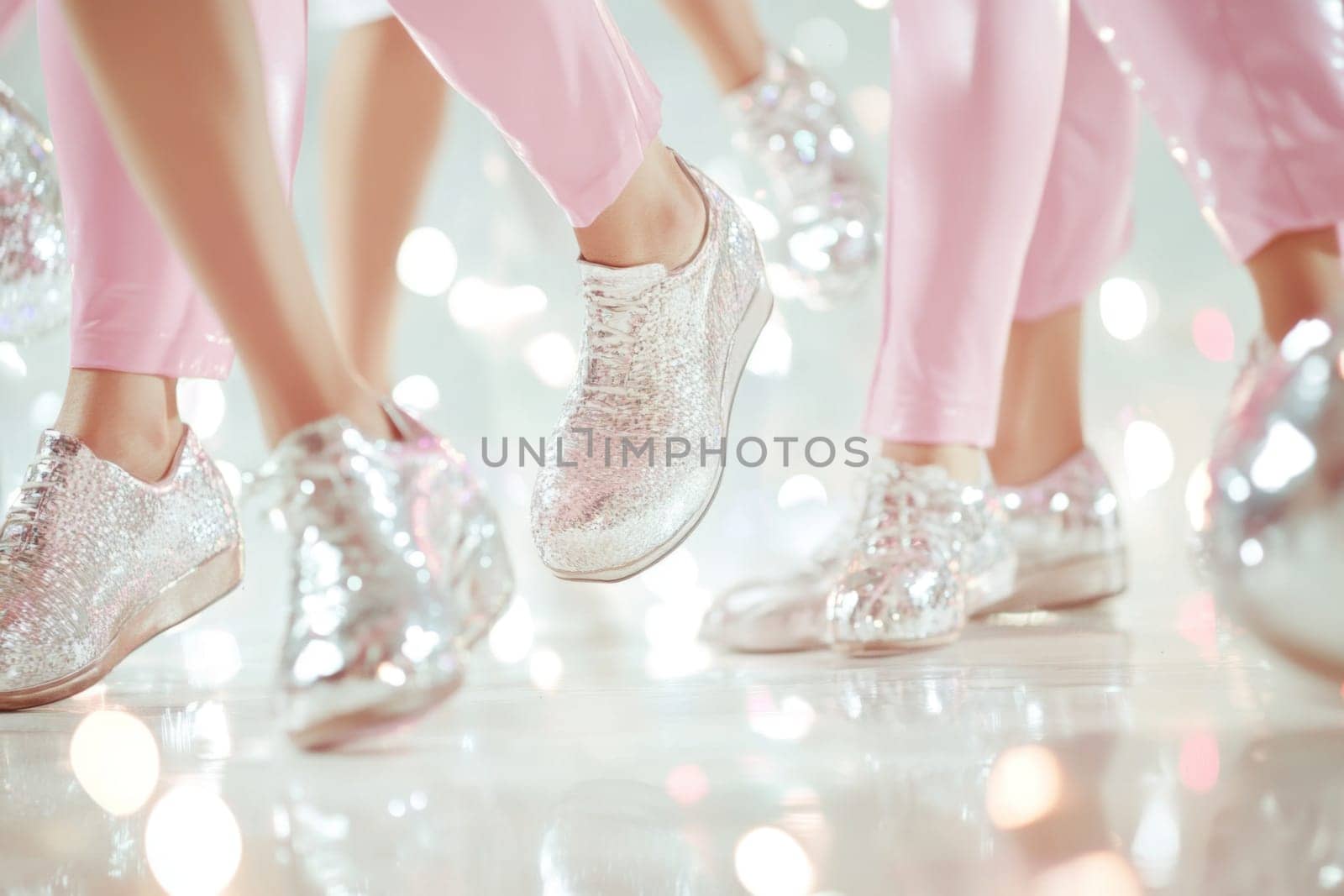 Group of disco dancers wearing pink silver pants and white sneakers, concept fashion, AI Generated