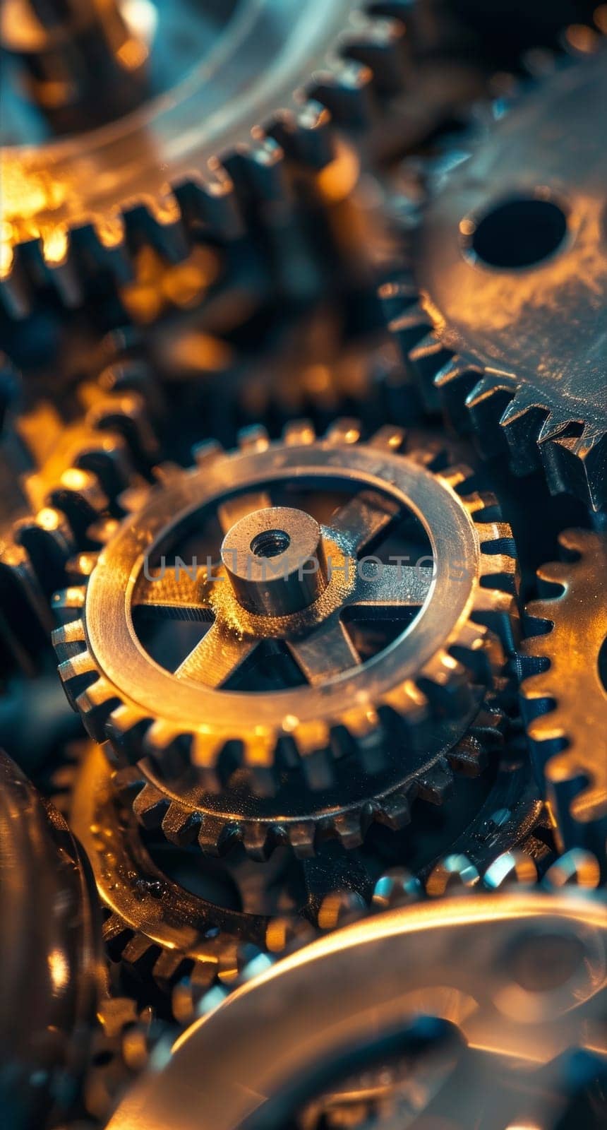 A striking macro shot of shimmering, interlocking metallic gears in various shades of gold and bronze, creating a mesmerizing mechanical composition