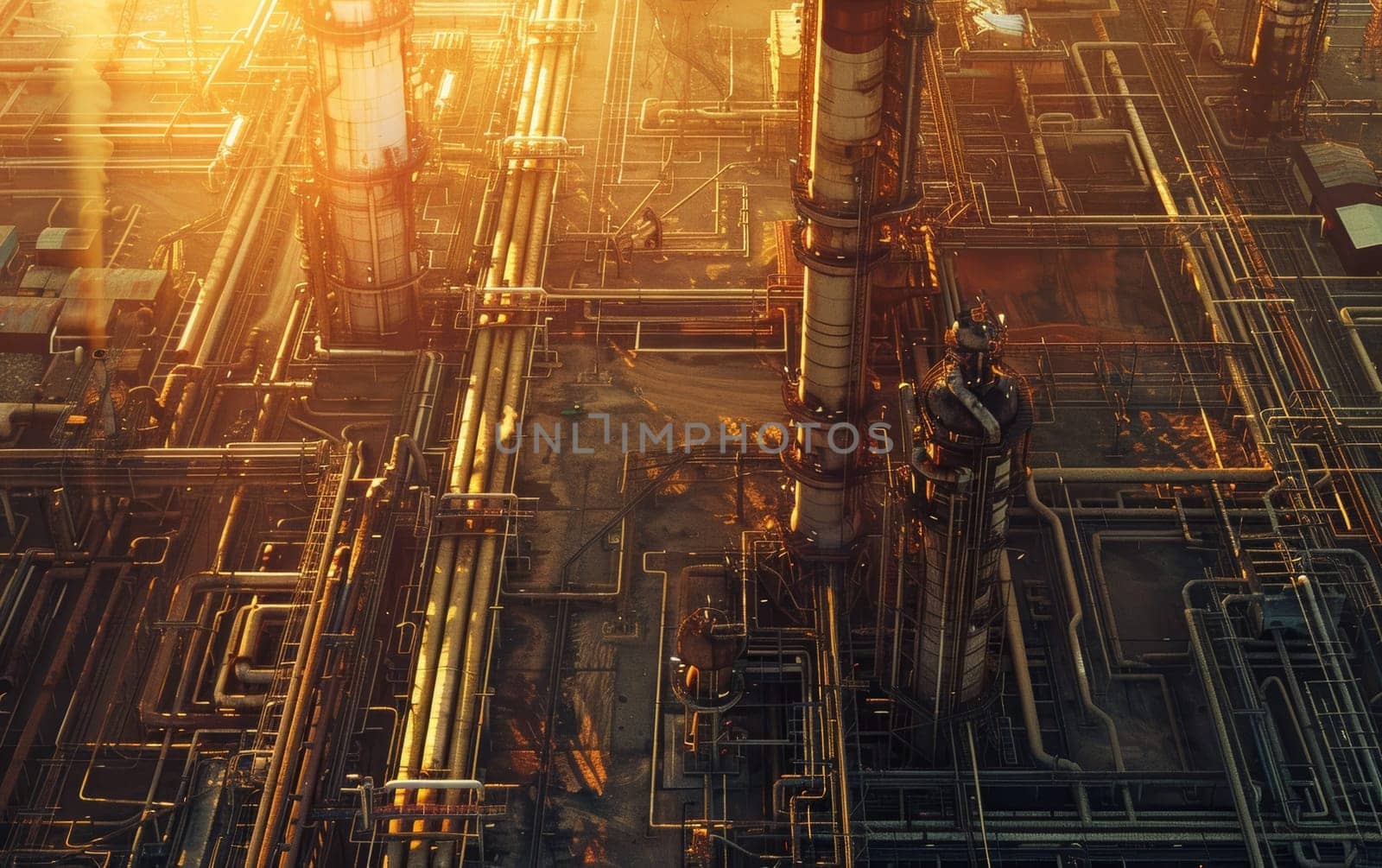 A mesmerizing, almost musical composition of industrial elements - pipes, vents, valves, and machinery - bathed in a warm, golden glow, creating a hypnotic and awe-inspiring technological landscape
