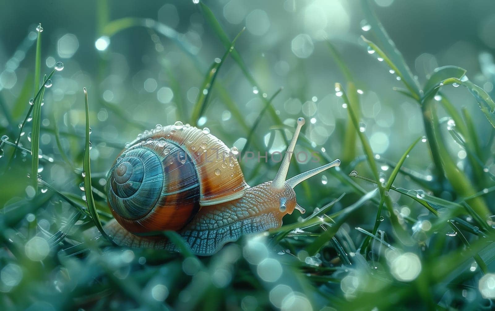 A snail with a vibrant, jewel-toned shell rests amidst the glimmering, dew-kissed foliage, creating a captivating and visually striking natural scene