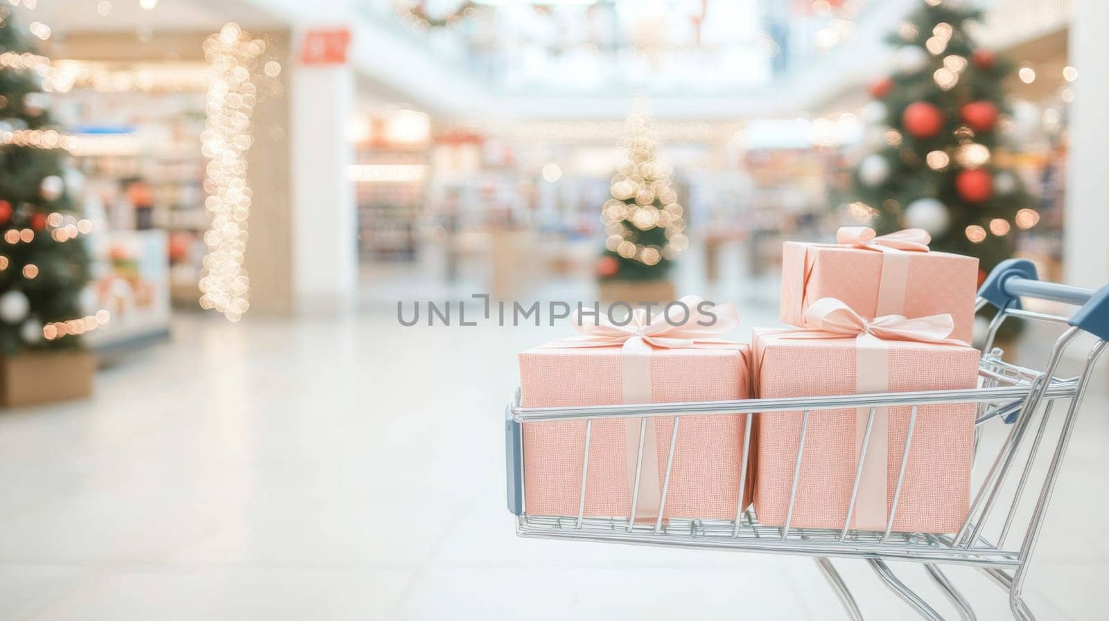 Shopping cart filled with wrapped gifts in Christmas, New Year festive store background, Black Friday sale, AI Generated
