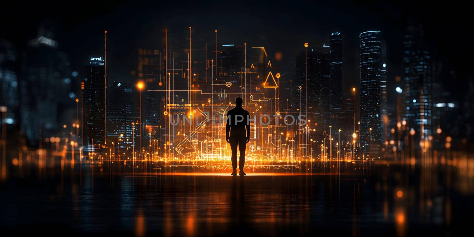a person overlooks a futuristic city with financial data projections, symbolizing innovation and the rise of digital banking in a tech-driven world. AI generated image