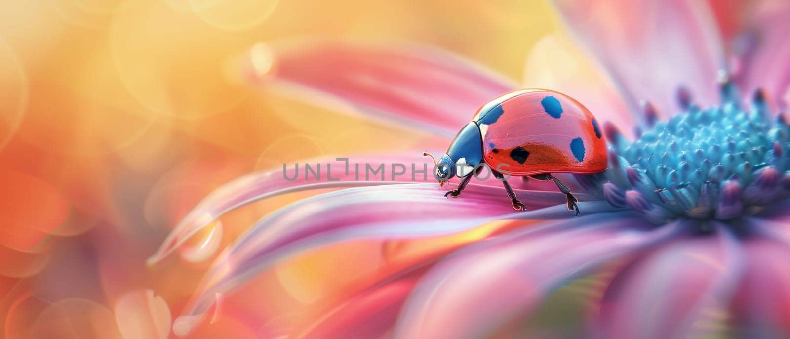 A ladybug clings to a stalk of lush, vibrantly colored foliage, creating a striking visual contrast and showcasing the natural beauty of the insect and its surroundings