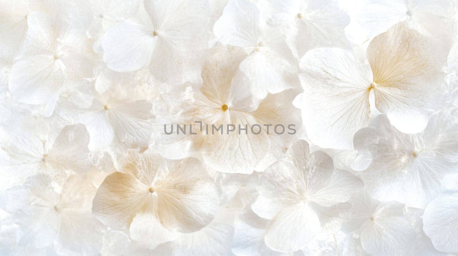 White hydrangea petals create an elegant natural floral background, AI generated
