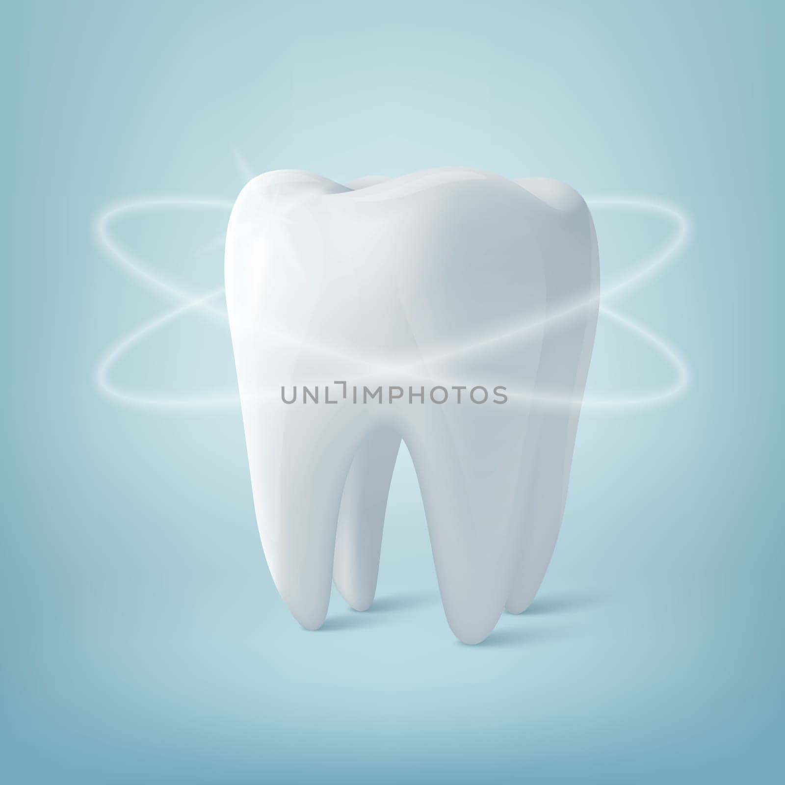 Vector 3D Realistic Healthy Shining Tooth Isolated on Blue Background. Dental Care Concept. Medical Design Template, Clipart, Mockup. Dentistry, Healthcare, Oral Hygiene Illustration.