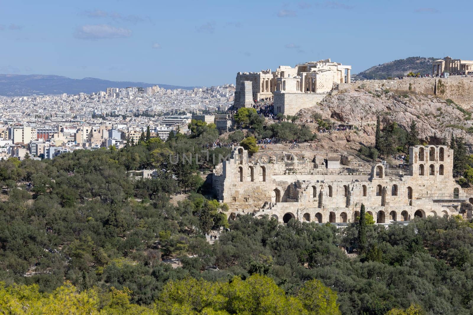 Athens, Greece - October 17, 2022: View of the Acropolis of Athens and the Theatre of Dionysus from Muse Hill
