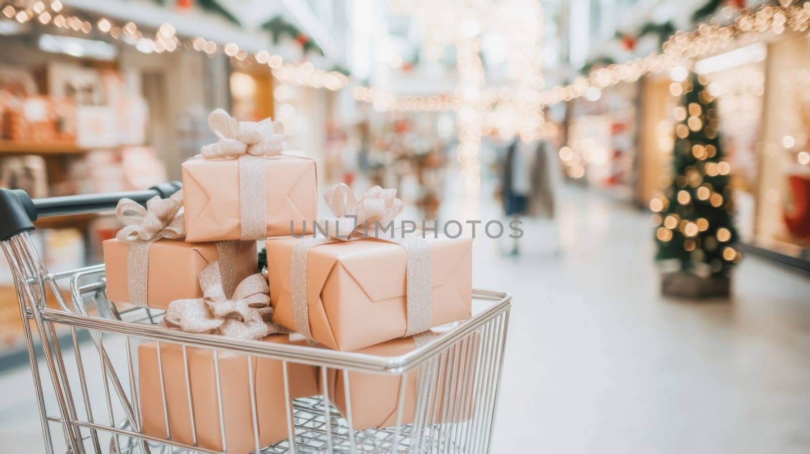 Shopping cart filled with wrapped gifts in Christmas, New Year festive store background, Black Friday sale, AI Generated