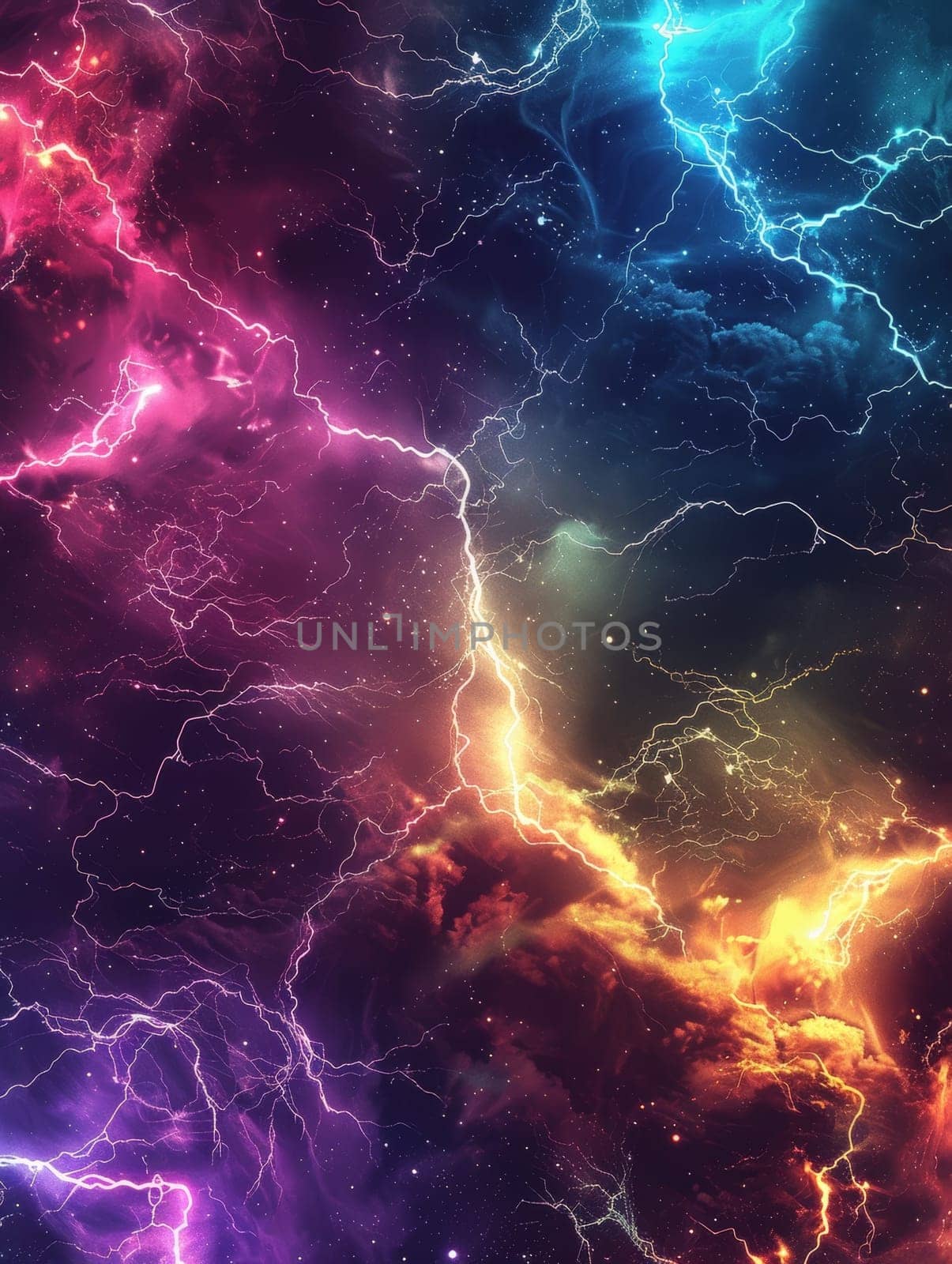 An explosive interstellar energy cascade erupts in a dazzling display of plasma-like currents, radiating with prismatic brilliance across the cosmic canvas
