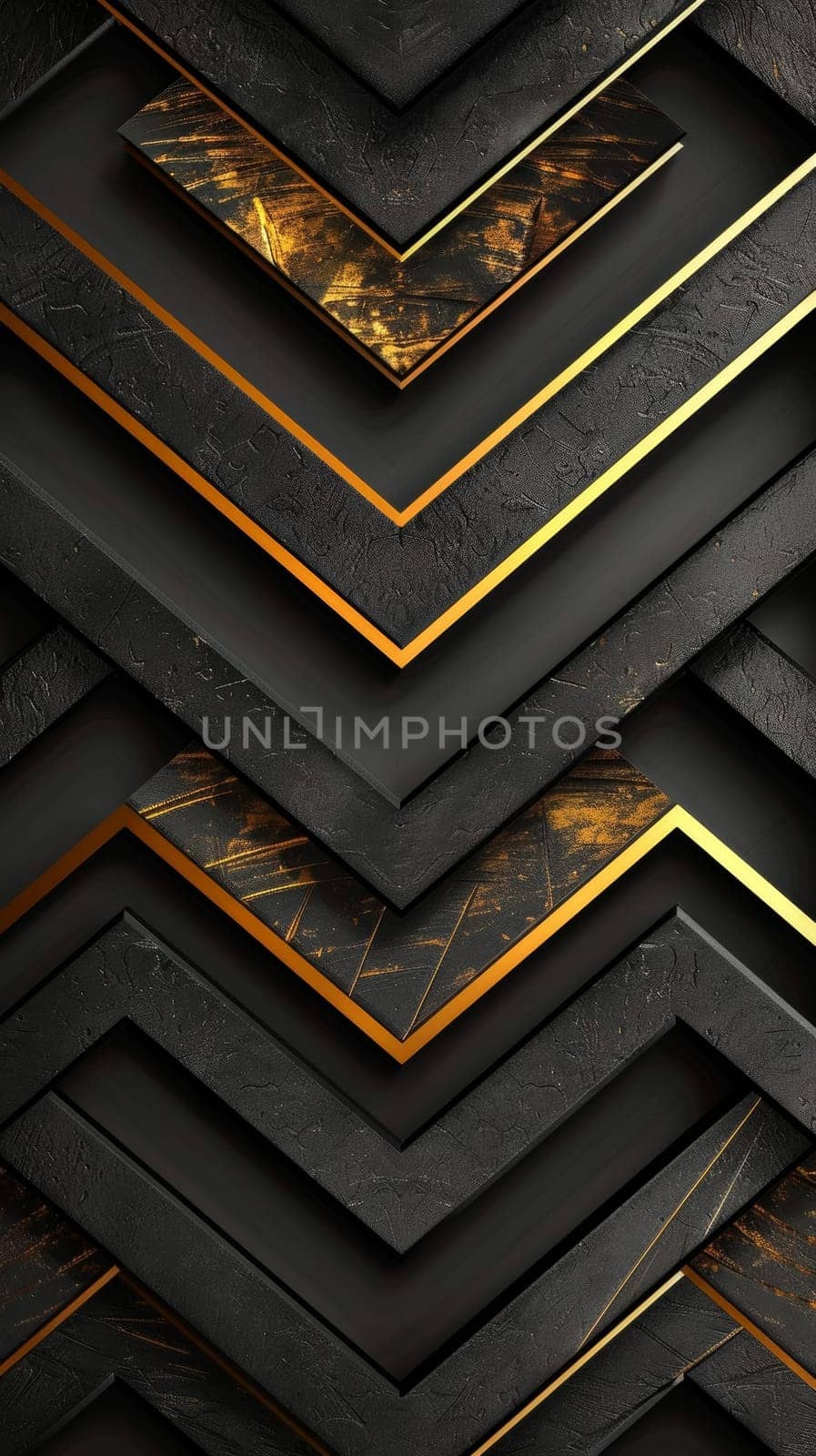 Dramatic angles and textures highlighted by golden accents create a striking abstract geometric pattern