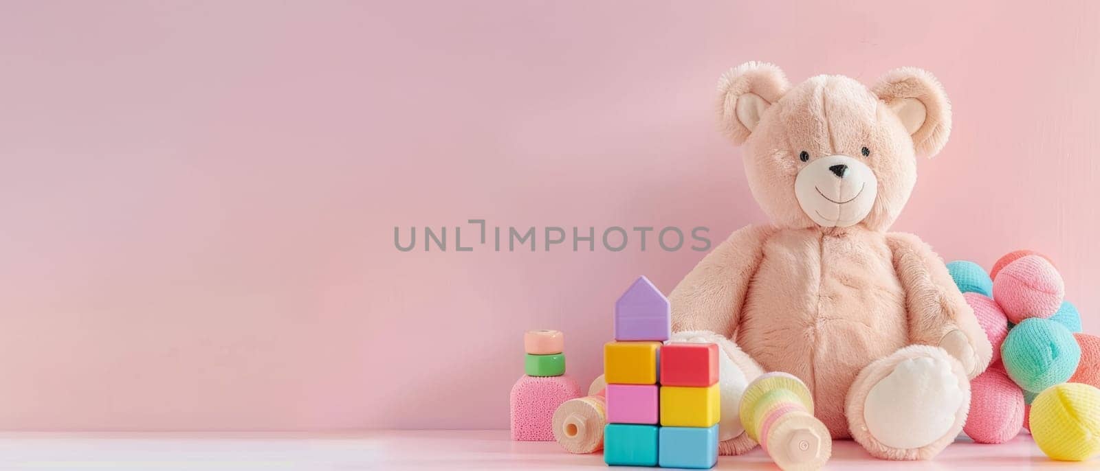 A wide-angle view of a pink teddy bear with a friendly smile, accompanied by educational toys on a gentle pink surface