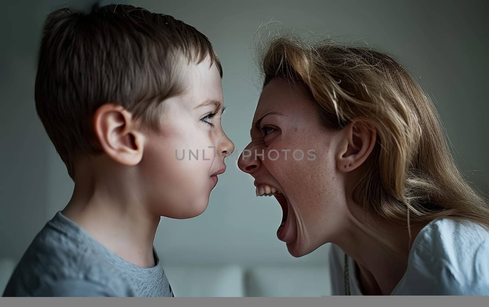 A close-up captures an intense interaction between a boy and a woman, their faces inches apart as they engage in a passionate shouting match