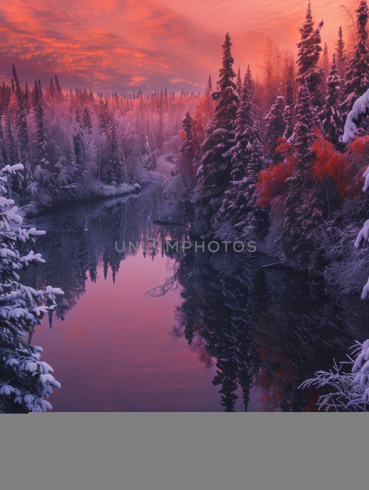 As twilight descends, the sky ignites in vibrant shades of pink and purple over a tranquil river, flanked by snow-draped trees reflecting in still waters, creating a scene of peaceful winter harmony