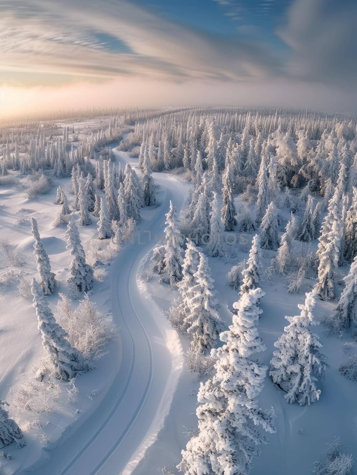 An aerial view captures a serpentine road winding through a dense, snow-covered forest, with the trees frosted in white, presenting a stunning contrast against the clear, wintry sky