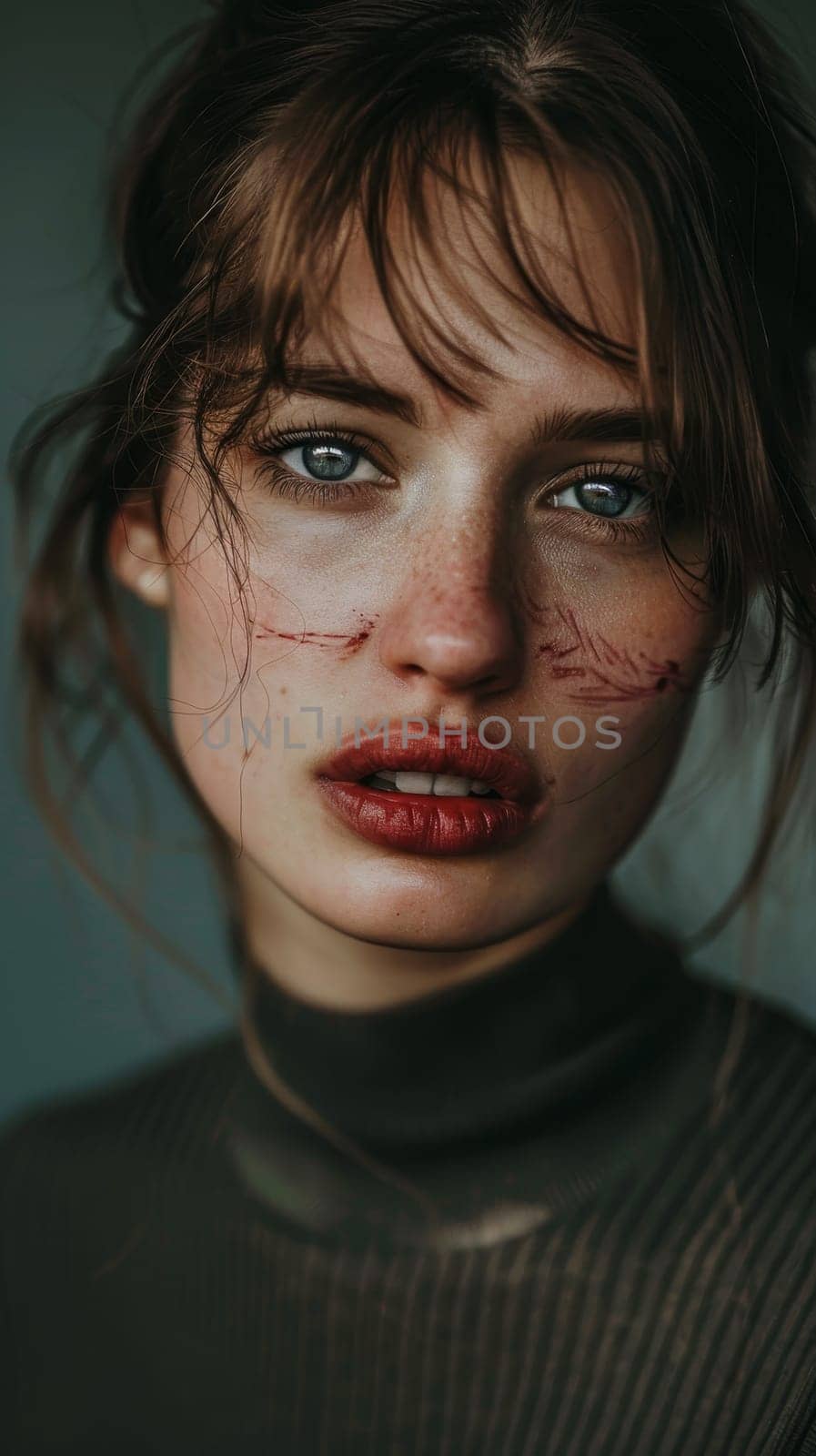 A woman's face, marked by tears and the remnants of violence, stares back hauntingly. Her eyes, watery and resolute, echo the emotional turmoil and bravery within
