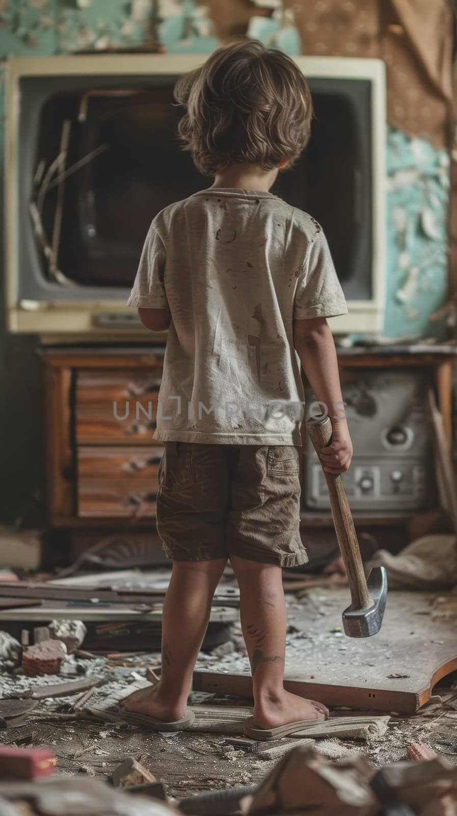 A young child gazes at a broken vintage television, hammer in hand, amidst a disheveled room. The image tells a story of child's play turning into a lesson