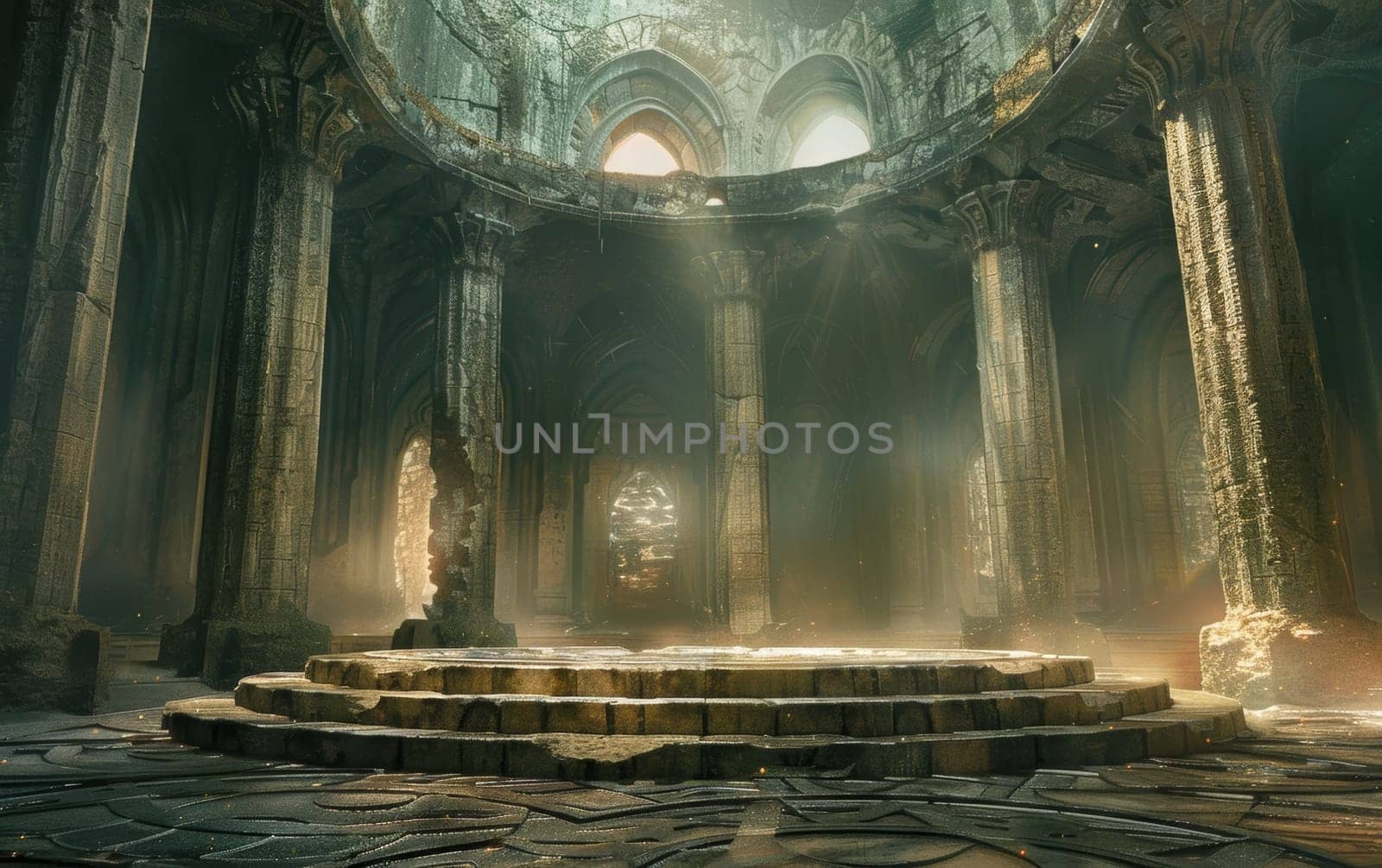 Rays of sunlight pierce through an ancient cathedral, illuminating the weathered stone and serene atmosphere of the silent hall